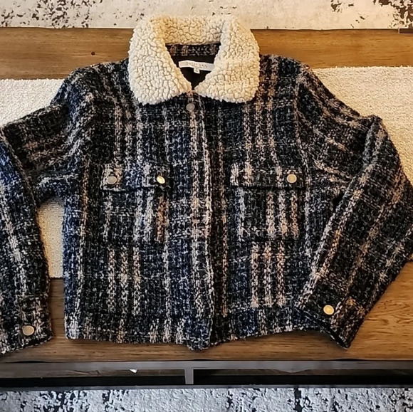 Sweet Rain Contemporary Plaid Tweed Sherpa Collared Jacket Women's Size L - Picture 14 of 14